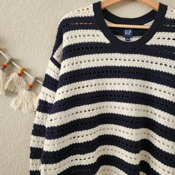 GAP 24/7 Spit Hem Crochet Stripe Chunky Knit Boxy Oversize Pullover Sweater L - Picture 4 of 13